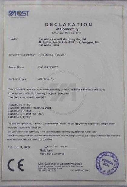 China Shenzhen Xinqunli Machinery Co., Ltd. Certification
