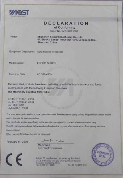 China Shenzhen Xinqunli Machinery Co., Ltd. Certification